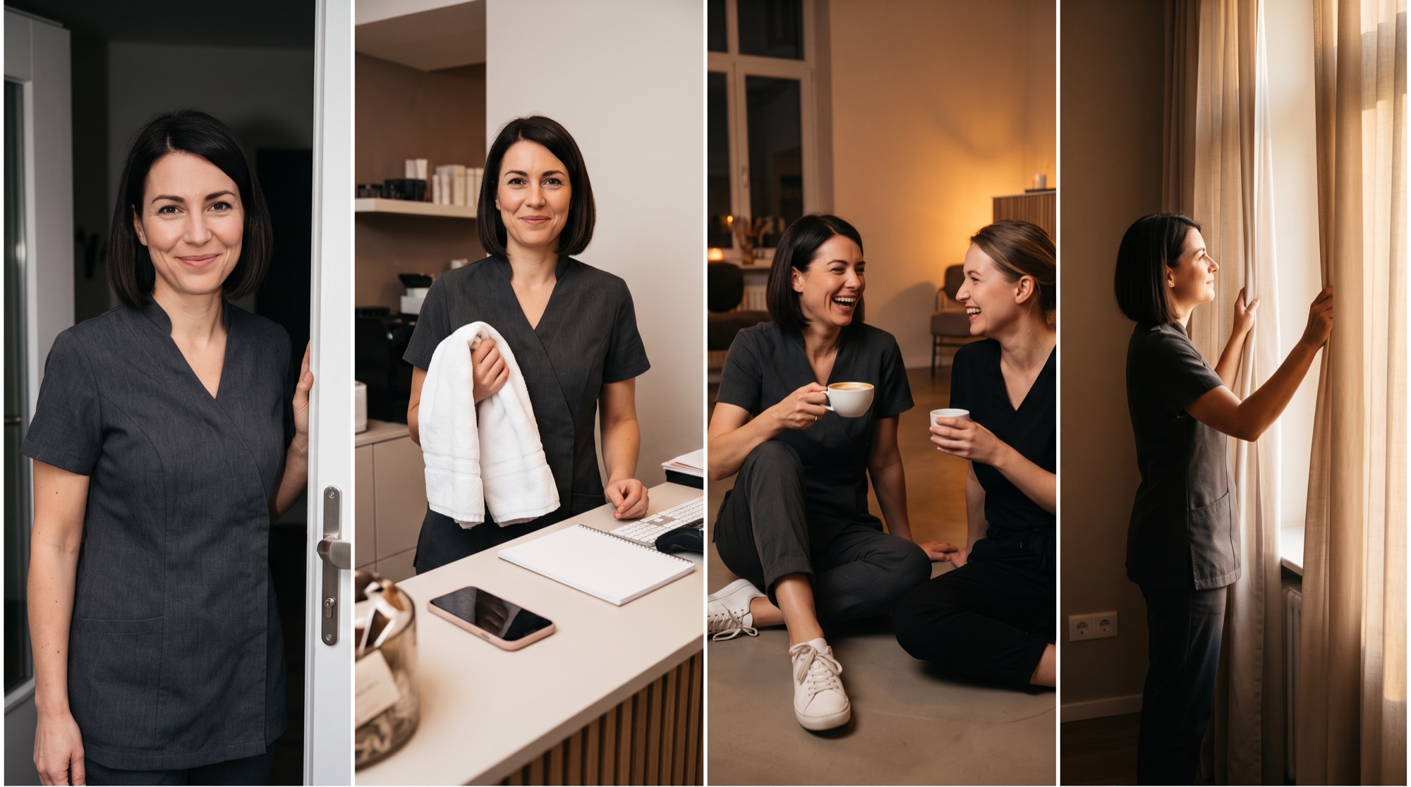 Four fictional studio scenes: arrival, preparing towels, a conversation over coffee, and opening the curtains
