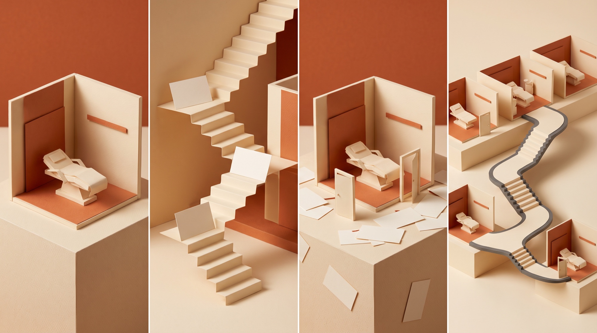 Paper architecture storyboard showing a studio, steps, an open room and branching paths